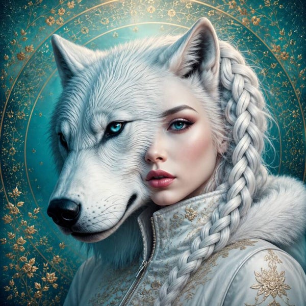 Winterziel – vrouw schilderij met witte wolf
