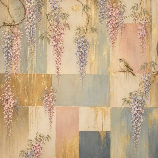 Wisteria in Zachte Tinten – landelijk schilderij met bloesem en vogel
