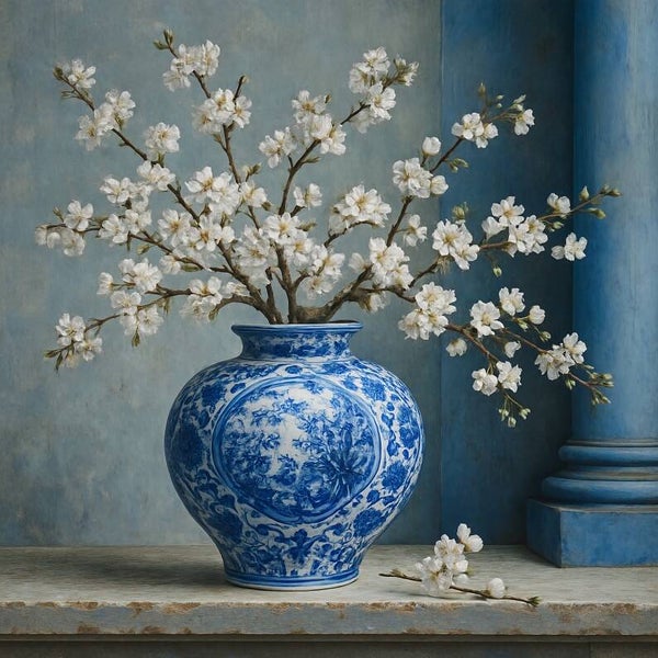 Landelijke Delfts Blauw Vaas met Witte Bloesemtakken – schilderij met klassieke details