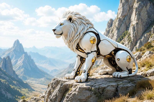 Summit Guardian – witte robotleeuw in de bergen schilderij