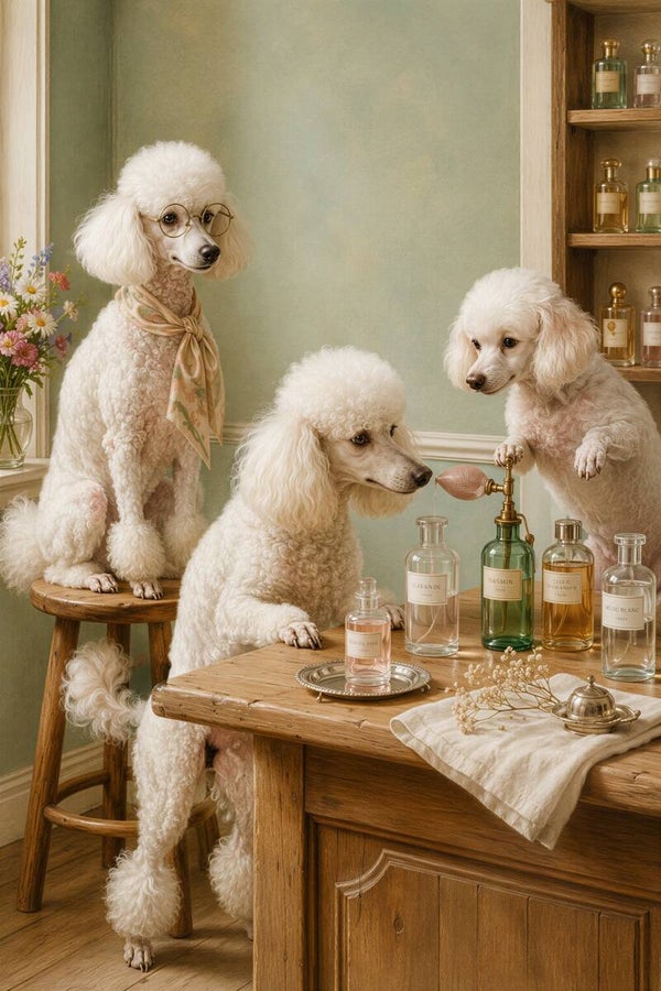 Parfumtafel – landelijk schilderij witte poedels vintage parfumflacons