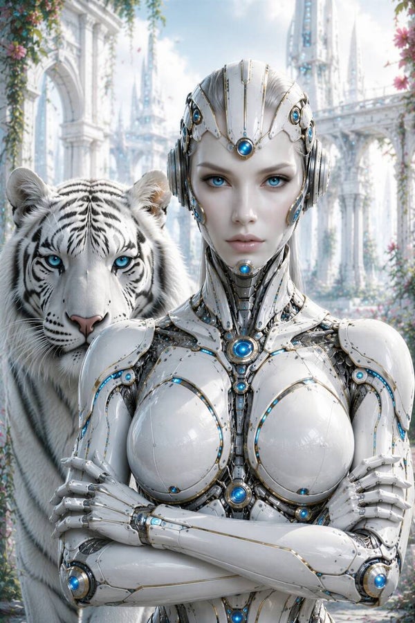 White Synth and Tiger - Luxe Wit Gynoid Schilderij met Witte Tijger