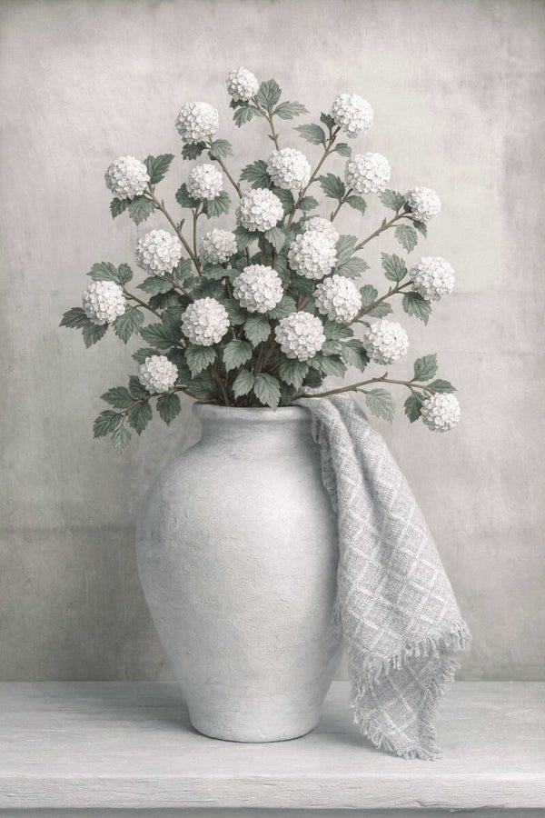 Witte Sneeuwbal – landelijk schilderij met witte bloemen in vaas