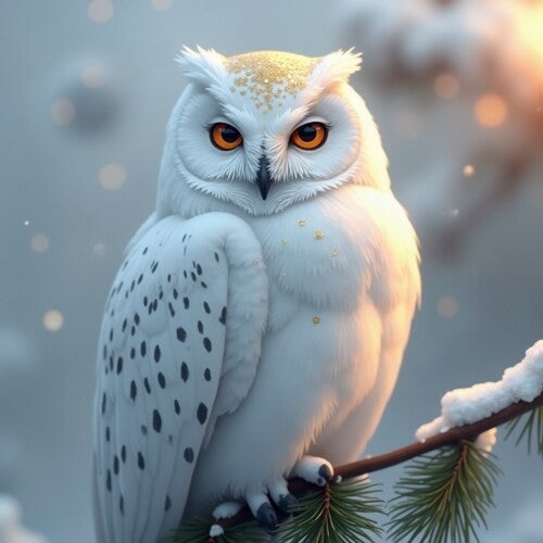 Witte sneeuwuil schilderij op tak met winterse sfeer