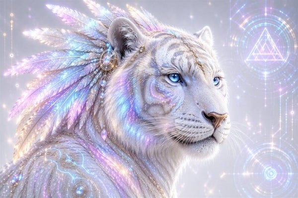 Celestial Tiger - Luxe Spiritueel Witte Tijger Schilderij met Pastel Veren