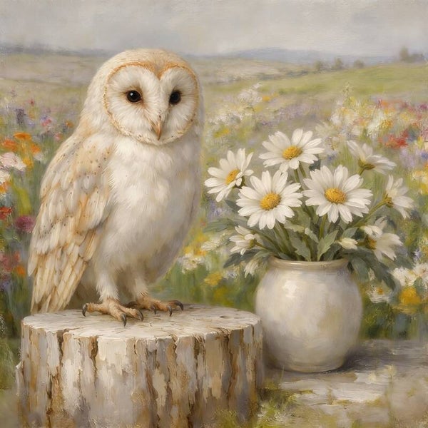 Witte Wachter – schilderij met witte kerkuil en margrieten