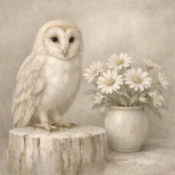 Witte Wachter – schilderij kerkuil en madeliefjes op houten stam, landelijke wanddecoratie