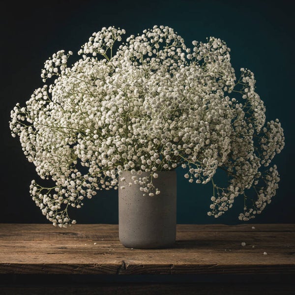 Witte Wolkjes – Schilderij met gipskruid in minimalistische vaas