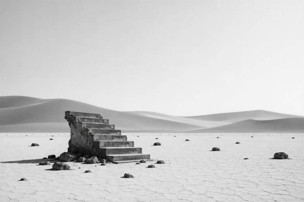 De Verlaten Trap – betonnen trappentree, woestijnduinen en zwart-wit landschap