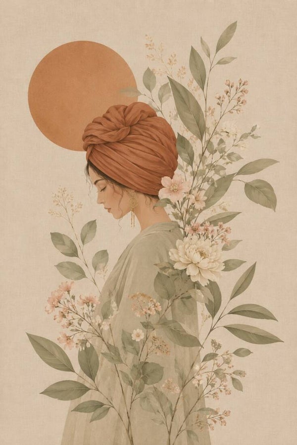 Woestijnbloesem – Beige schilderij met bloemen en terracotta hoofddoek