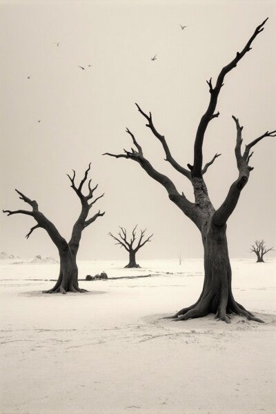 Woestijnbomen in mistig landschap – Schilderij