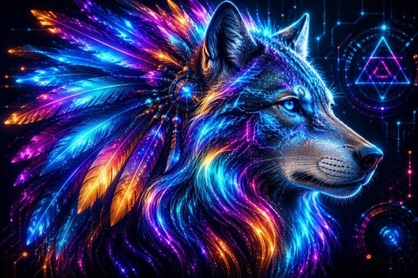 Neon Spirit Wolf – Cyber Wolf Schilderij met Veren in Blauw Paars en Oranje