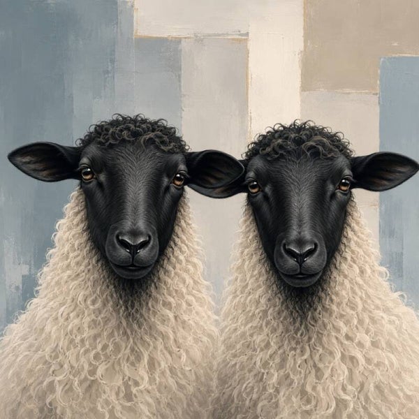 Wolgenoten in Blauw – modern schapen schilderij met zachte blauwtinten