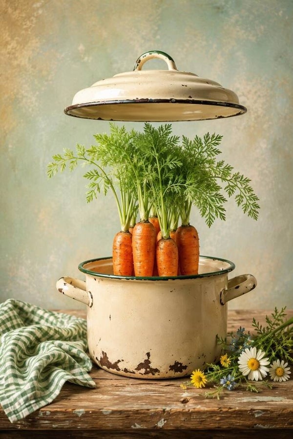 Wortels uit de Pan – schilderij met wortels in vintage emaille pan
