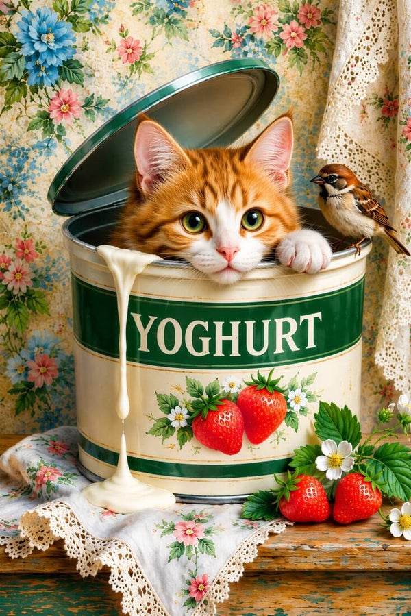 Aardbeienroom – katten schilderij in yoghurtpot met mus en aardbeien