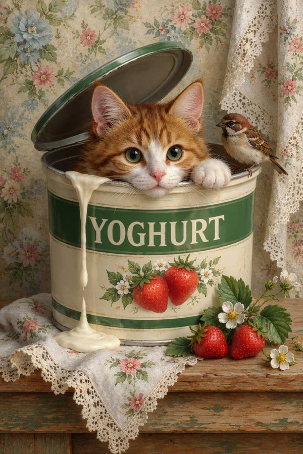 Yoghurtgeheim – kat en vogeltje schilderij in landelijke stijl