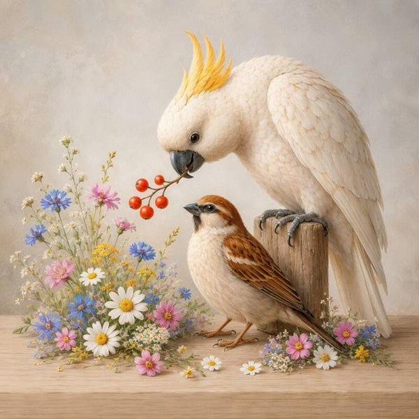 Zacht Samenzijn – landelijk schilderij kaketoe mus bloemen