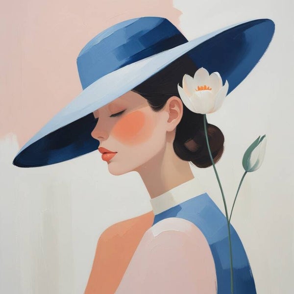 Zachte Horizon – vrouw schilderij met blauwe hoed en witte bloem