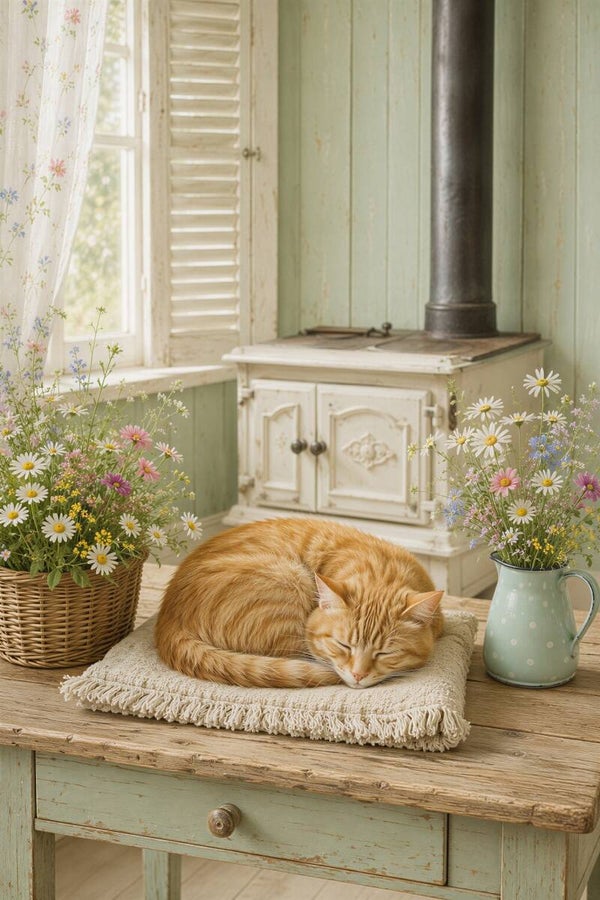 Zachte Ochtendrust – landelijk schilderij kat bloemen kachel