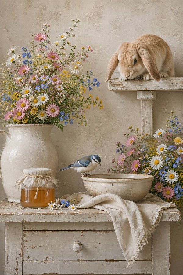 Zachte Ochtendrust – landelijk schilderij konijn vogel bloemen honing