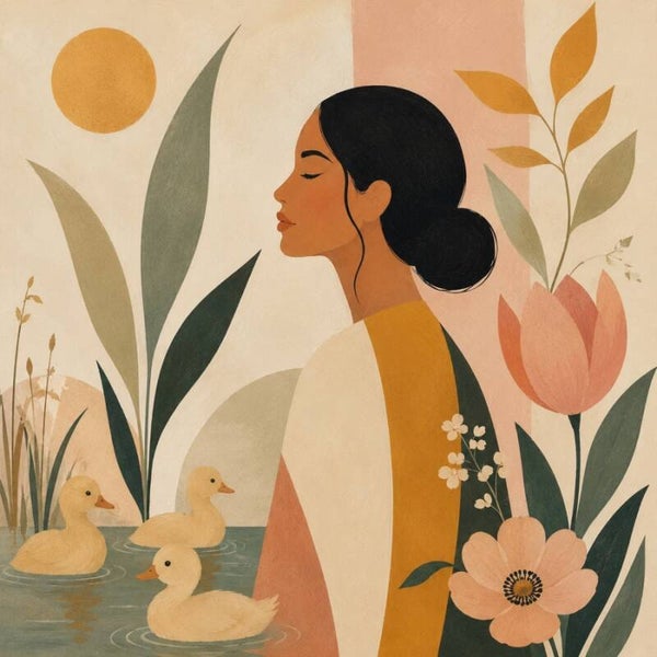Zachte Oever – botanisch vrouw schilderij met eendjes