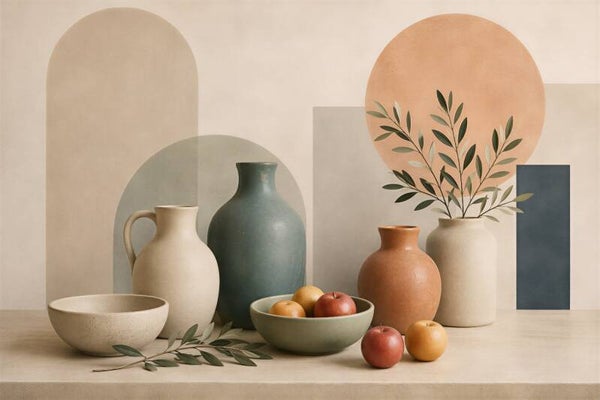 Zachte Oogst – abstract keuken schilderij vazen appels groen terracotta
