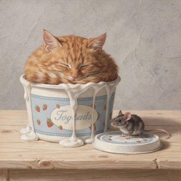 Zachte Stilte – schilderij kat en muis in landelijke stijl