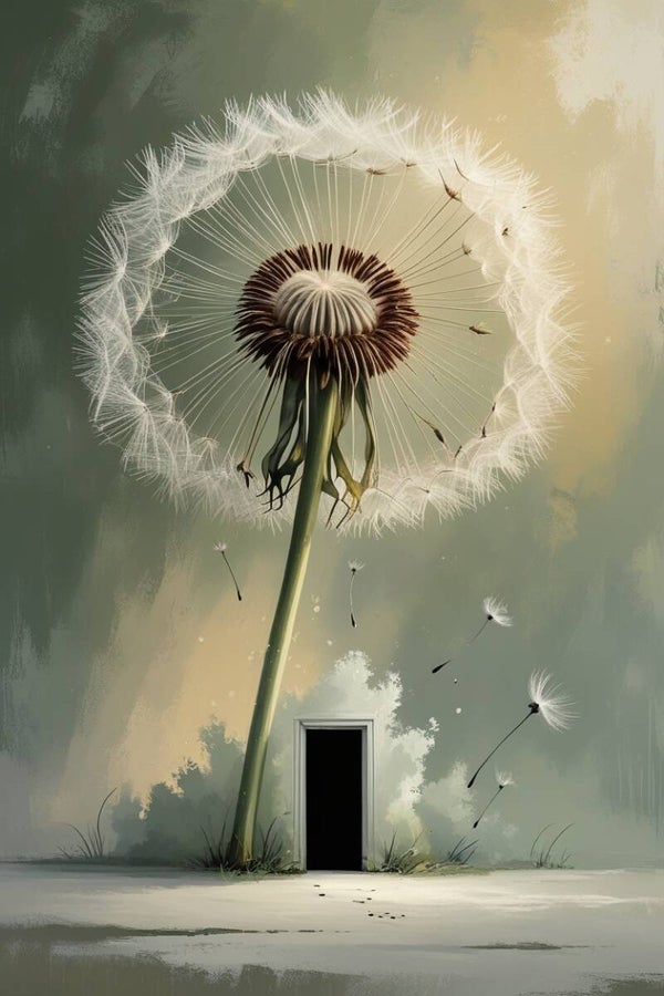 Zaden van Stilte – schilderij met pluisbloem en mysterieuze deur