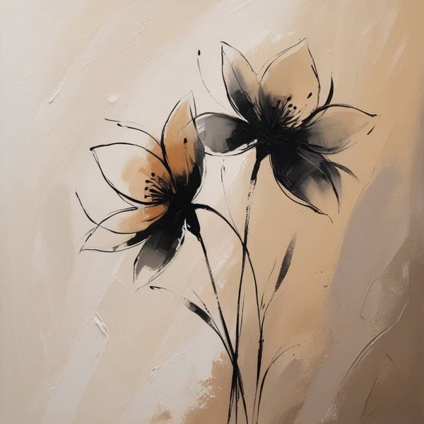 Zandlijn Bloemen – abstract bloemenschilderij in beige en zwart