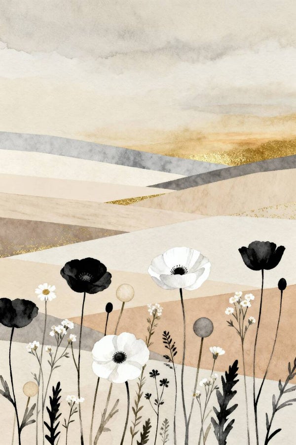 Zandvers – schilderij met veldbloemen en gouden horizon