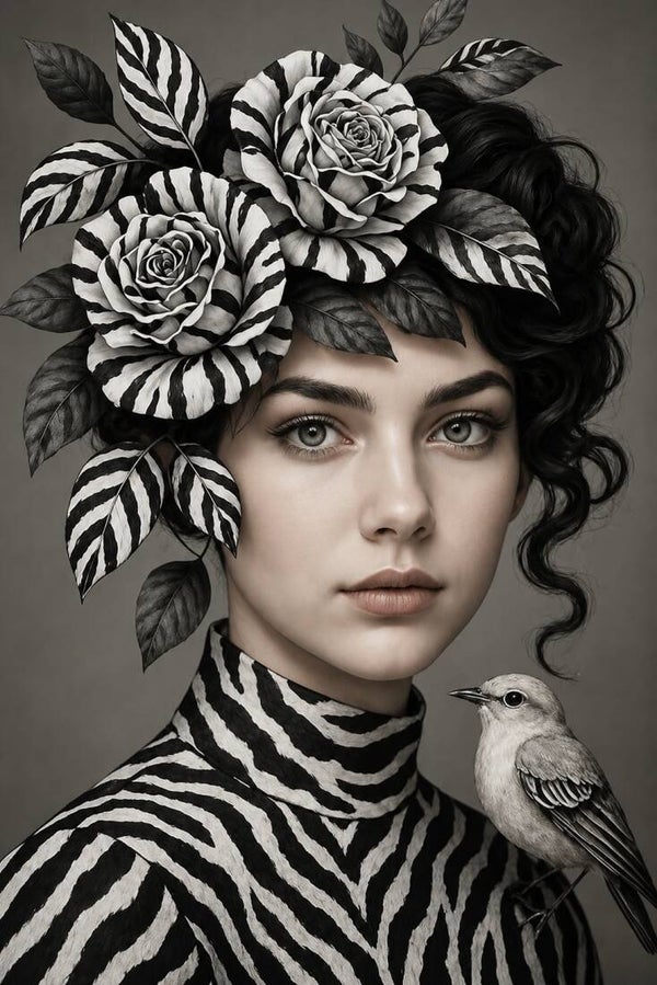 Zebra Bloemen – Vrouw schilderij met zwart-witte bloemen en vogel
