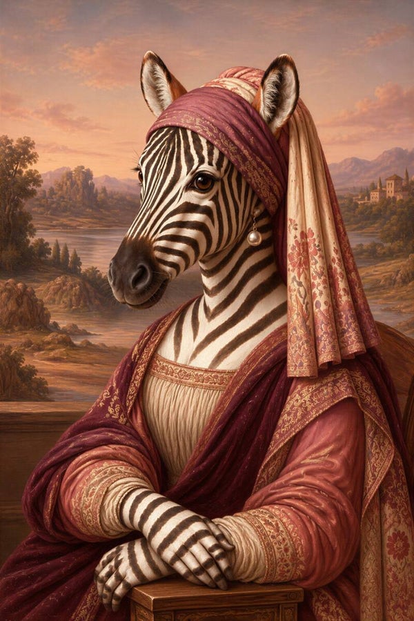 Mona Zebra aan de Horizon – zebra schilderij in Mona Lisa stijl