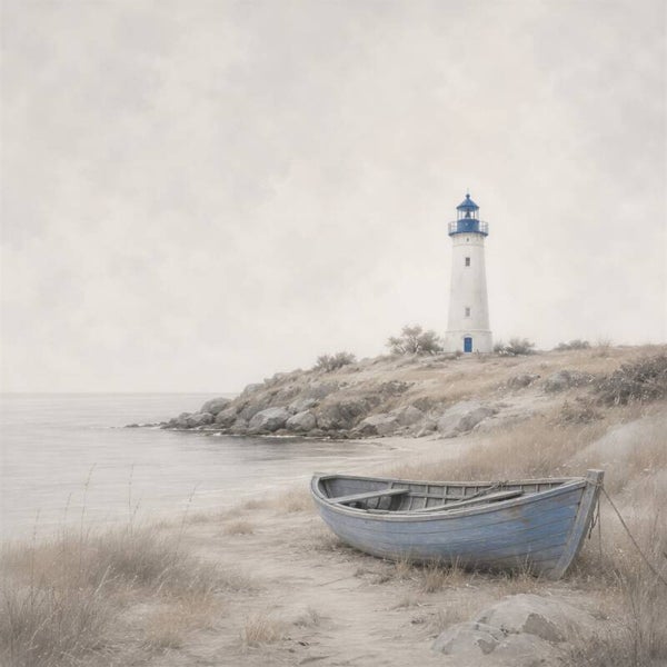 Blauw Bootje & Vuurtoren – zee schilderij met strand en kust