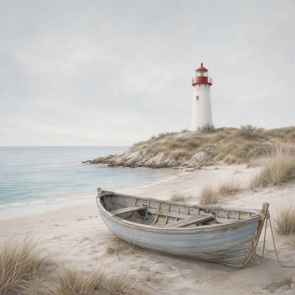 Rode Vuurtoren & Blauwe Roeiboot – zee schilderij met strand