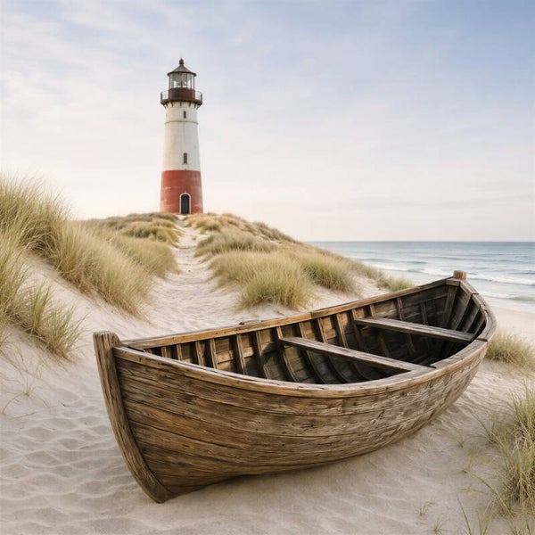 Zandpad naar de Vuurtoren – zee schilderij met houten roeiboot