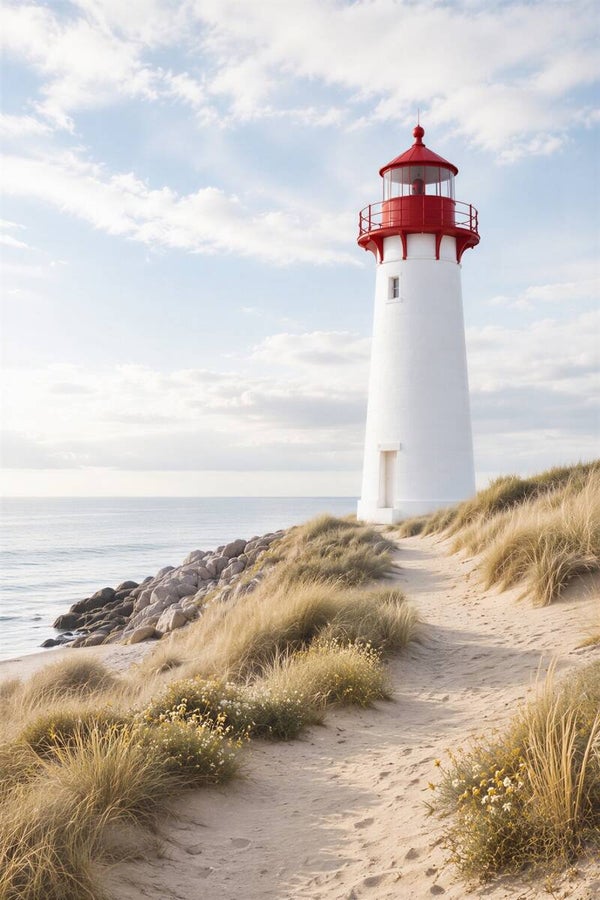 Zonnig Kustpad – zee vuurtoren schilderij met duinen