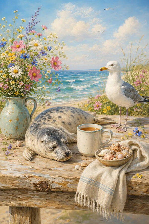 Zeezicht in Rust – zee schilderij strand zeehond meeuw bloemen kust landelijk