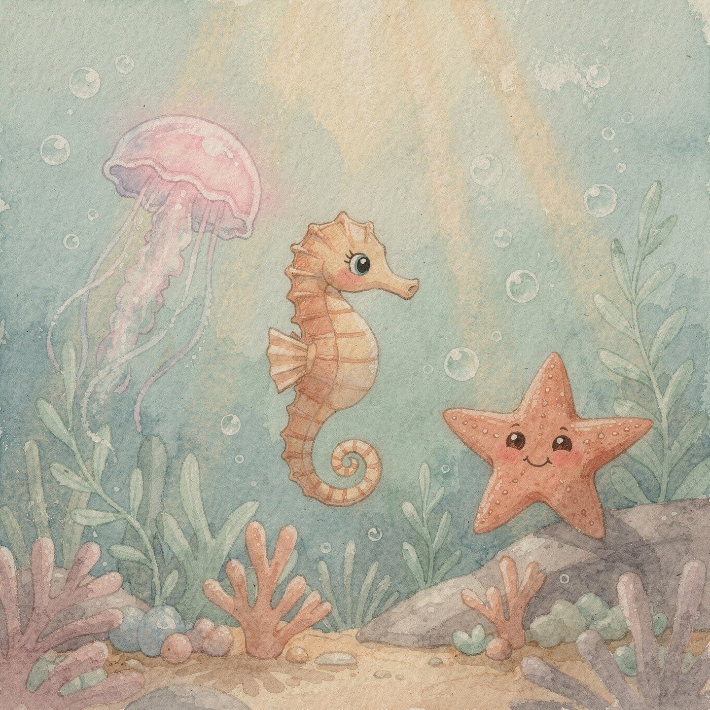 Zeevriendjes – zeepaardje zeester kwal kinderkamer schilderij oceaan dieren