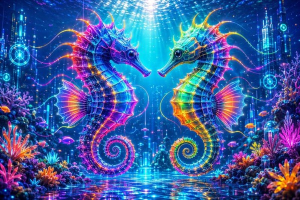 Neon Sea Love – kleurrijke zeepaardjes onderwater schilderij