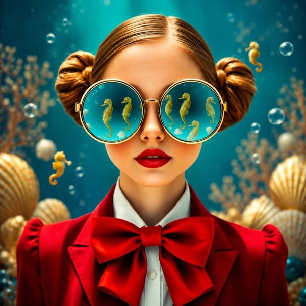 Zeepaardjes Spiegeling – surrealistisch schilderij met zeepaardjes en rode strik