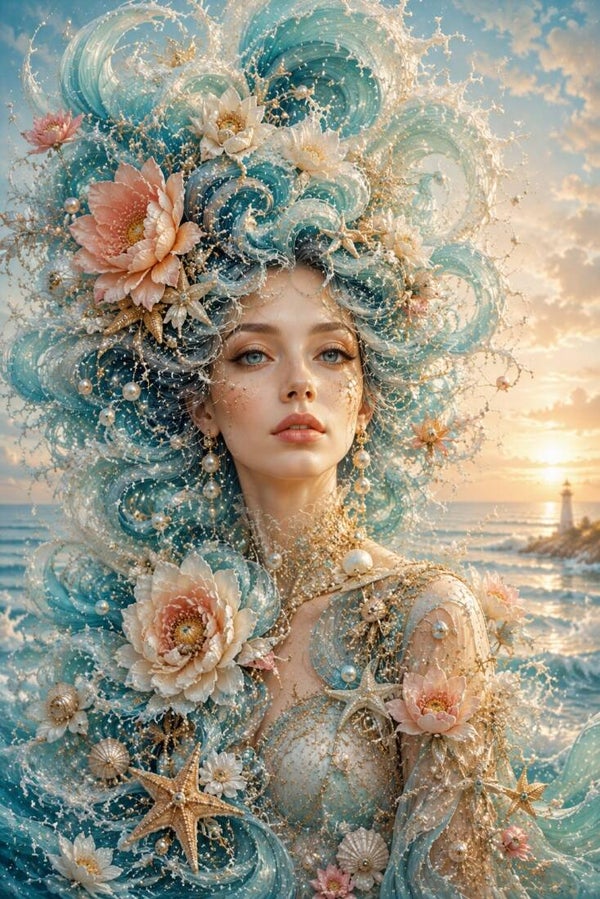 Zeeschuim Serenade – vrouw schilderij met zeesterren, schelpen en bloemen