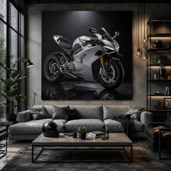 Zilveren superbike schilderij – moderne sportmotor wanddecoratie