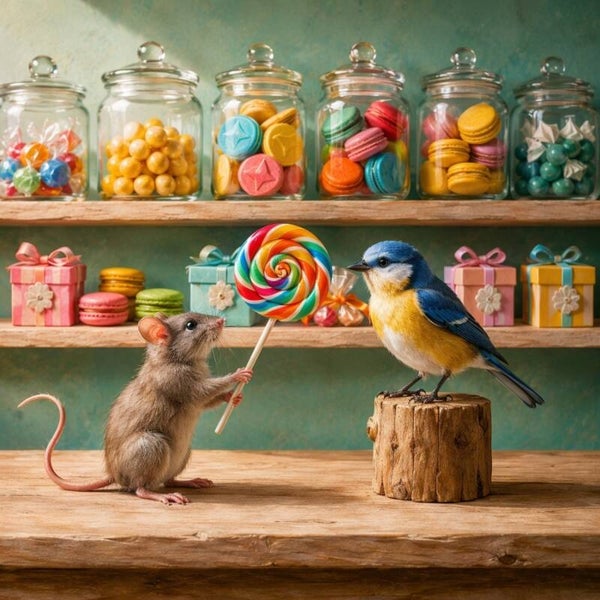 Zoet voor Twee – grappig schilderij met muis, pimpelmees en reuzenlolly