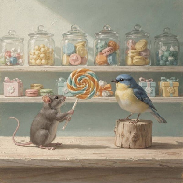 Zoete Aanbieding – schilderij met muis en vogel in een nostalgische snoepwinkel