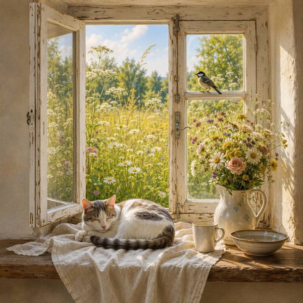 Zomer achter het Raam – landelijk schilderij slapende kat veldbloemen open raam