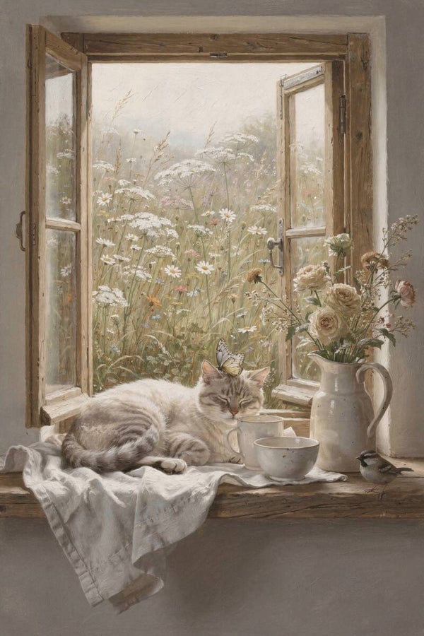 Zomerlucht door het open raam – landelijk schilderij met kat en veldbloemen