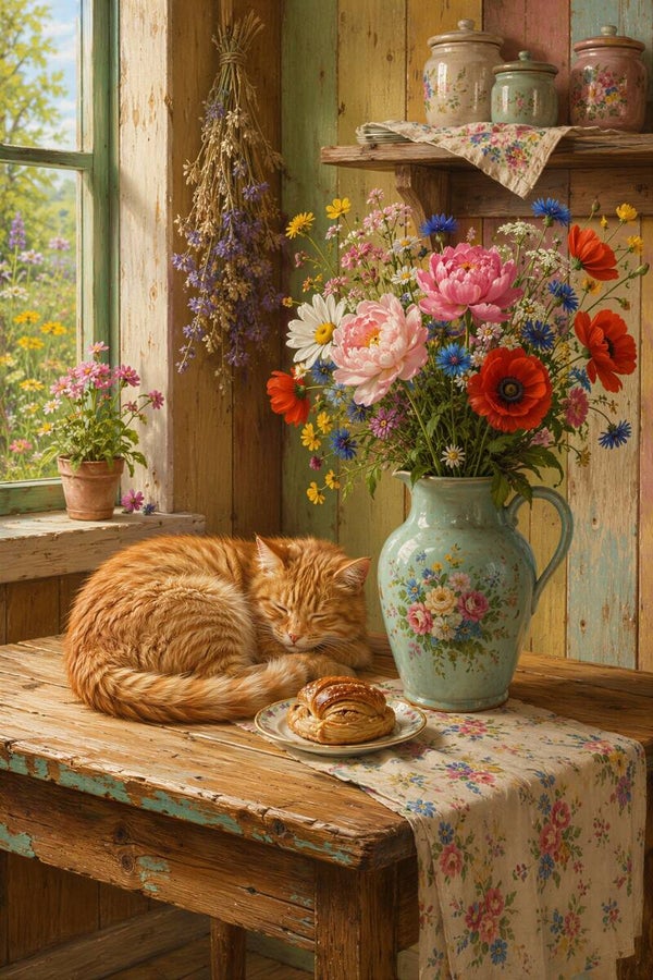 Zonlicht op de Houten Tafel – landelijk schilderij slapende kat bloemen veldboeket