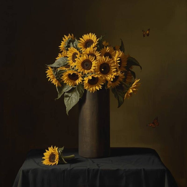 Vlinderstilte – schilderij met zonnebloemen en donkere vaas