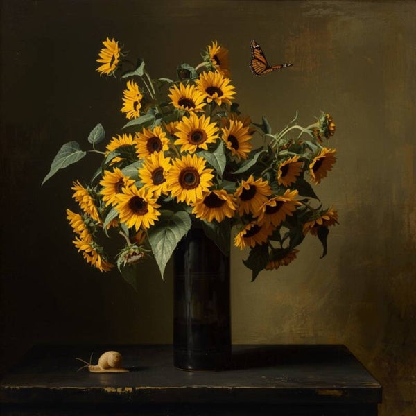 Zonneschijn & Stil Leven – schilderij met zonnebloemen, vlinder en slak
