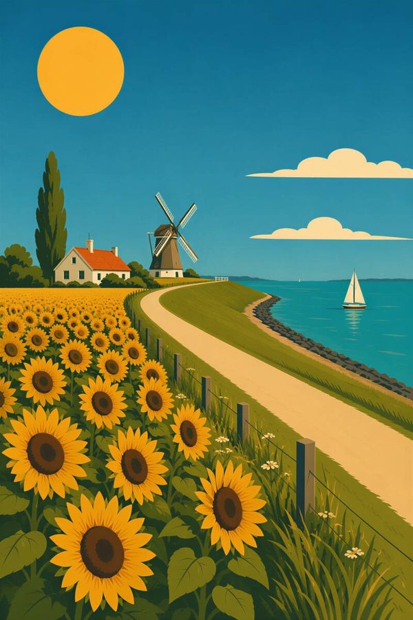 Zonnige Dijkroute – Retro Hollands Landschap met Molen en Zee